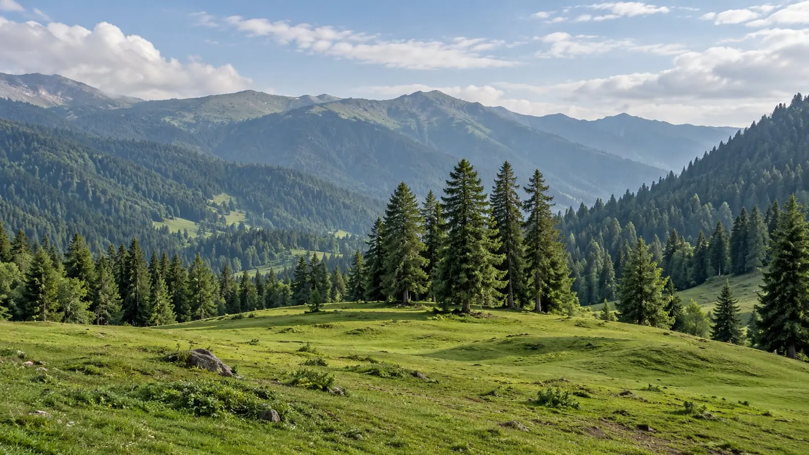 Drone view over a green Kashmir meadow and pine forest with mountains behind