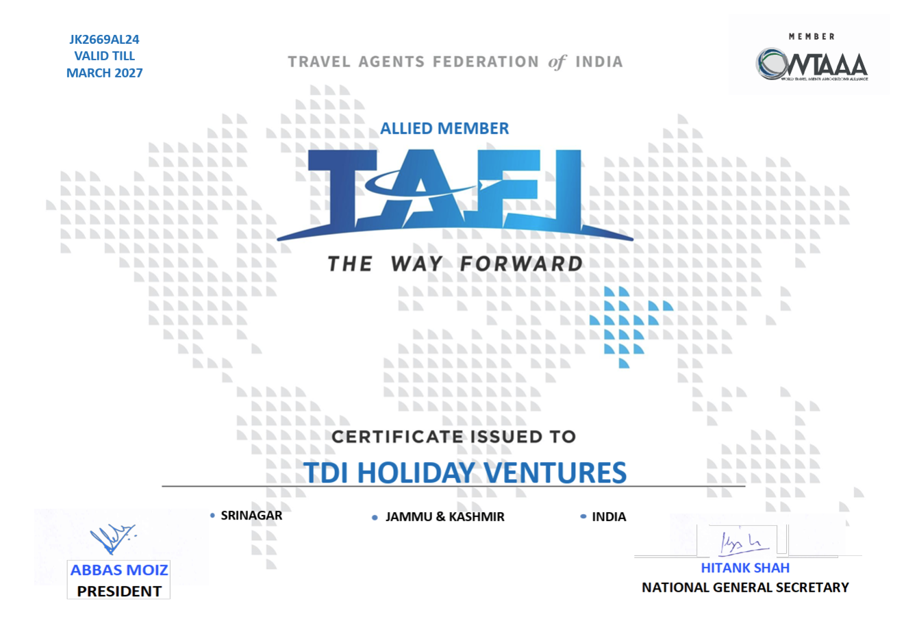 Travel Agents Federation of India (TAFI) — Allied Member Certificate