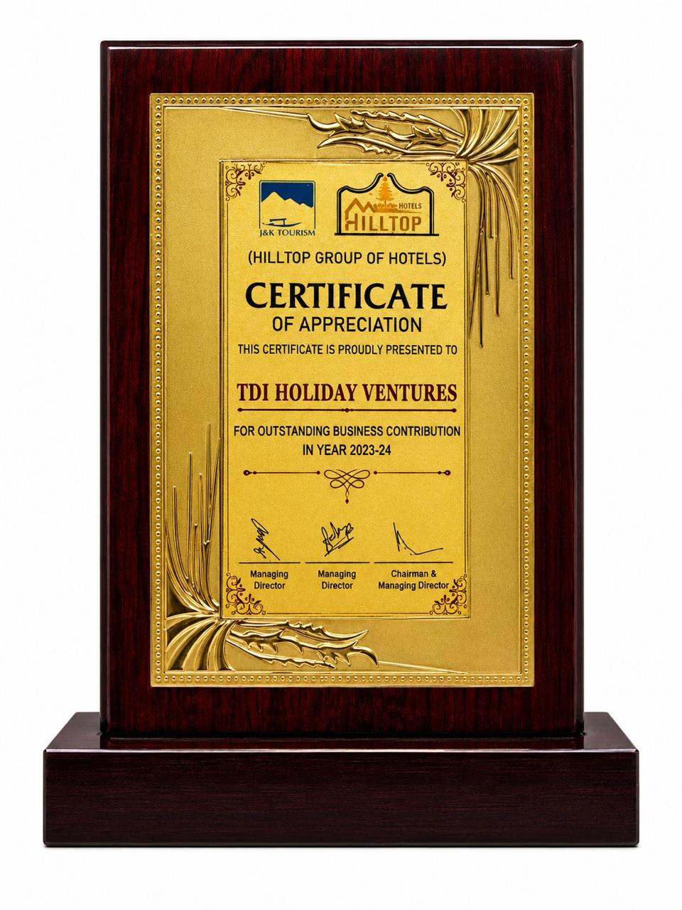Award certificate 10 - TDI Holiday Ventures