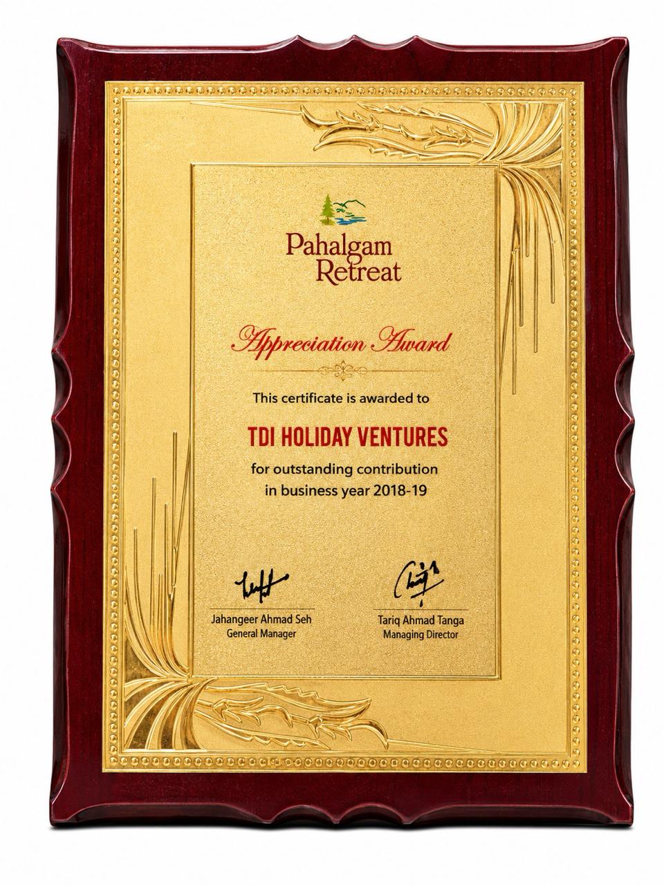 Award certificate 13 - TDI Holiday Ventures
