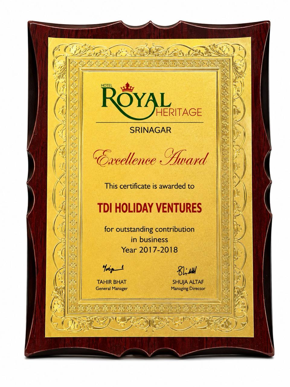 Award certificate 14 - TDI Holiday Ventures