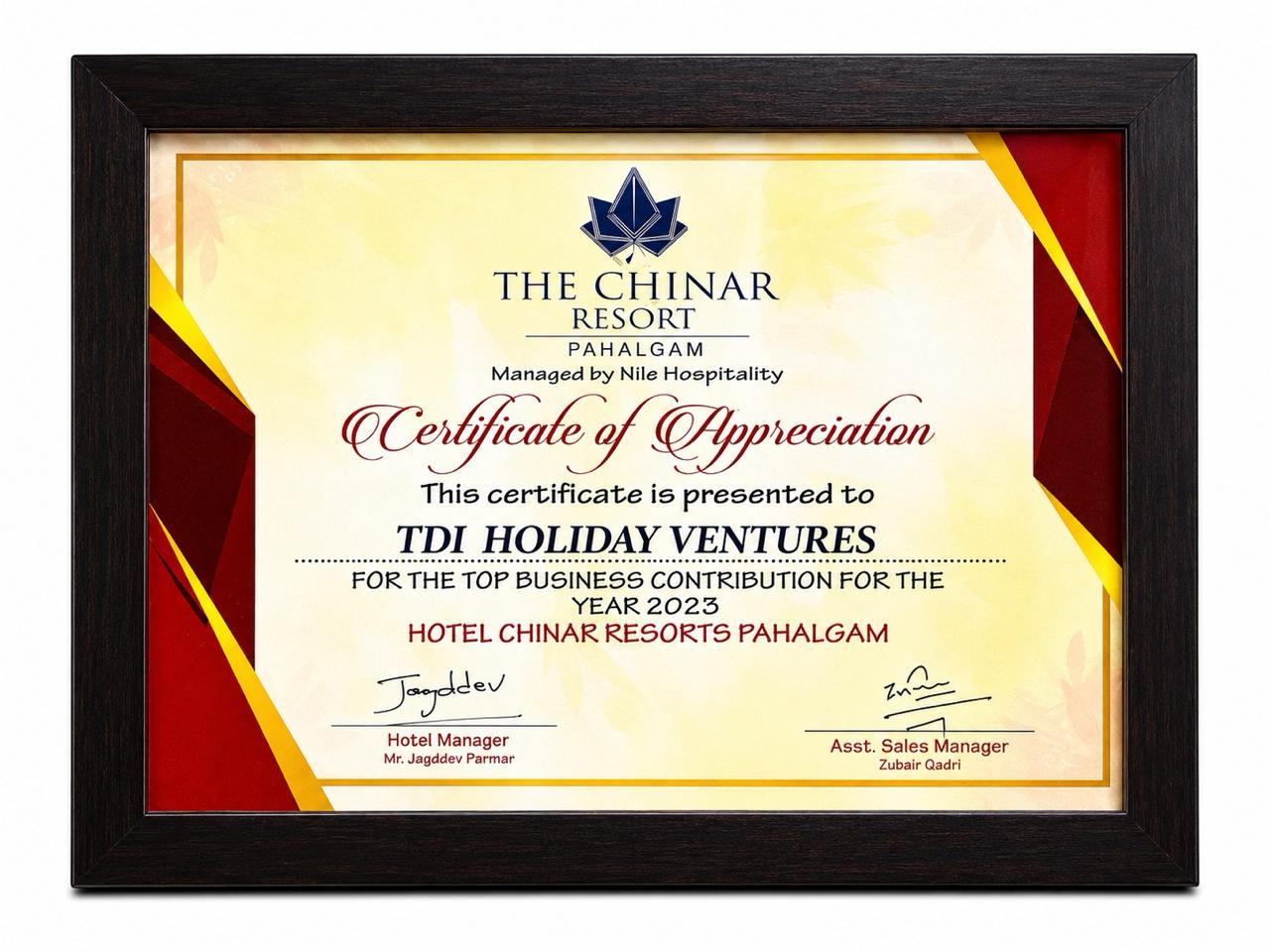 Award certificate 9 - TDI Holiday Ventures